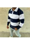 Erkek Polo Yaka Uzun Kollu Çizgili Sweatshirt Trend Rugby Stil - Lacivert