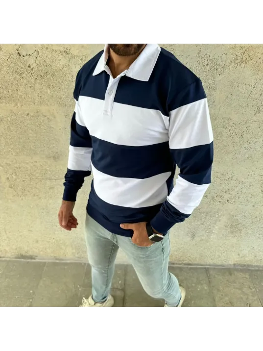 Erkek Polo Yaka Uzun Kollu Çizgili Sweatshirt Trend Rugby Stil - Lacivert Erkek Polo Yaka Uzun Kollu Çizgili Sweatshirt Trend Rugby Stil - Lacivert