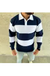 Erkek Polo Yaka Uzun Kollu Çizgili Sweatshirt Trend Rugby Stil - Lacivert