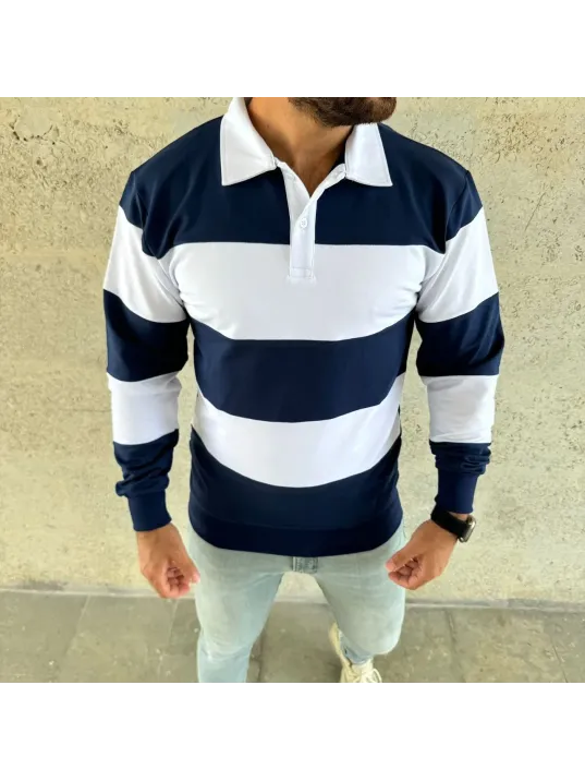 Erkek Polo Yaka Uzun Kollu Çizgili Sweatshirt Trend Rugby Stil - Lacivert Erkek Polo Yaka Uzun Kollu Çizgili Sweatshirt Trend Rugby Stil - Lacivert