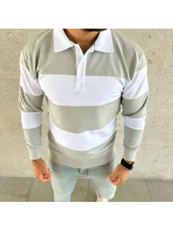 Erkek Polo Yaka Uzun Kollu Çizgili Sweatshirt Trend Rugby Stil - Mint Yeşili Erkek Polo Yaka Uzun Kollu Çizgili Sweatshirt Trend Rugby Stil - Mint Yeşili