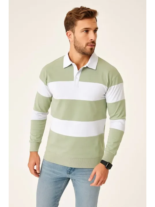 Erkek Polo Yaka Uzun Kollu Çizgili Sweatshirt Trend Rugby Stil - Mint Yeşili Erkek Polo Yaka Uzun Kollu Çizgili Sweatshirt Trend Rugby Stil - Mint Yeşili