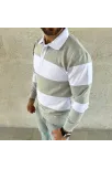 Erkek Polo Yaka Uzun Kollu Çizgili Sweatshirt Trend Rugby Stil - Mint Yeşili