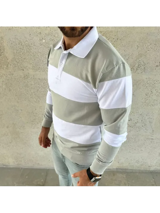 Erkek Polo Yaka Uzun Kollu Çizgili Sweatshirt Trend Rugby Stil - Mint Yeşili Erkek Polo Yaka Uzun Kollu Çizgili Sweatshirt Trend Rugby Stil - Mint Yeşili