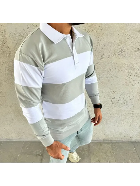 Erkek Polo Yaka Uzun Kollu Çizgili Sweatshirt Trend Rugby Stil - Mint Yeşili Erkek Polo Yaka Uzun Kollu Çizgili Sweatshirt Trend Rugby Stil - Mint Yeşili