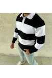 Erkek Polo Yaka Uzun Kollu Çizgili Sweatshirt Trend Rugby Stil - Siyah