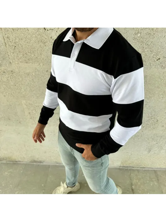 Erkek Polo Yaka Uzun Kollu Çizgili Sweatshirt Trend Rugby Stil - Siyah Erkek Polo Yaka Uzun Kollu Çizgili Sweatshirt Trend Rugby Stil - Siyah