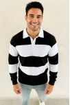 Erkek Polo Yaka Uzun Kollu Çizgili Sweatshirt Trend Rugby Stil - Siyah