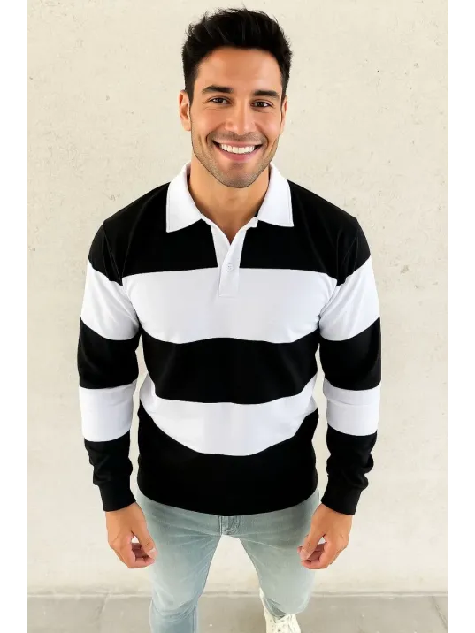 Erkek Polo Yaka Uzun Kollu Çizgili Sweatshirt Trend Rugby Stil - Siyah Erkek Polo Yaka Uzun Kollu Çizgili Sweatshirt Trend Rugby Stil - Siyah