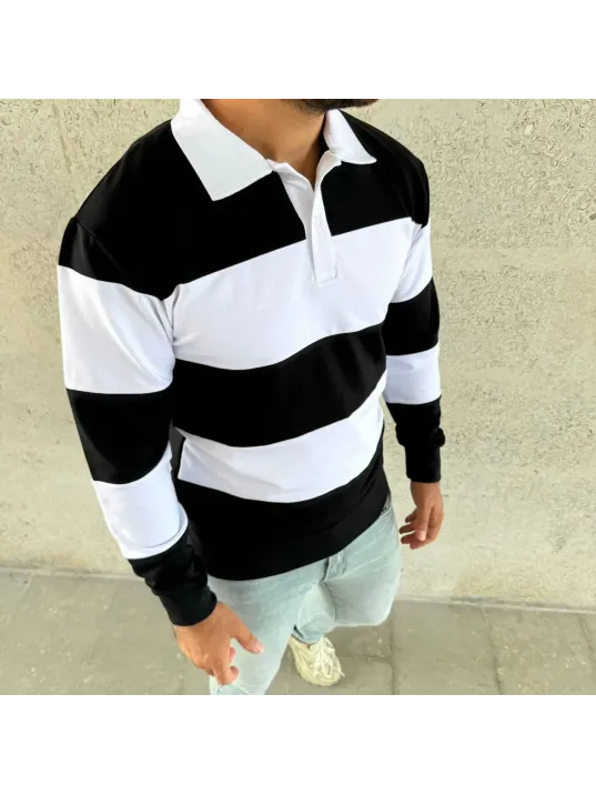 Erkek Polo Yaka Uzun Kollu Çizgili Sweatshirt Trend Rugby Stil - Siyah Erkek Polo Yaka Uzun Kollu Çizgili Sweatshirt Trend Rugby Stil - Siyah