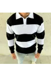 Erkek Polo Yaka Uzun Kollu Çizgili Sweatshirt Trend Rugby Stil - Siyah