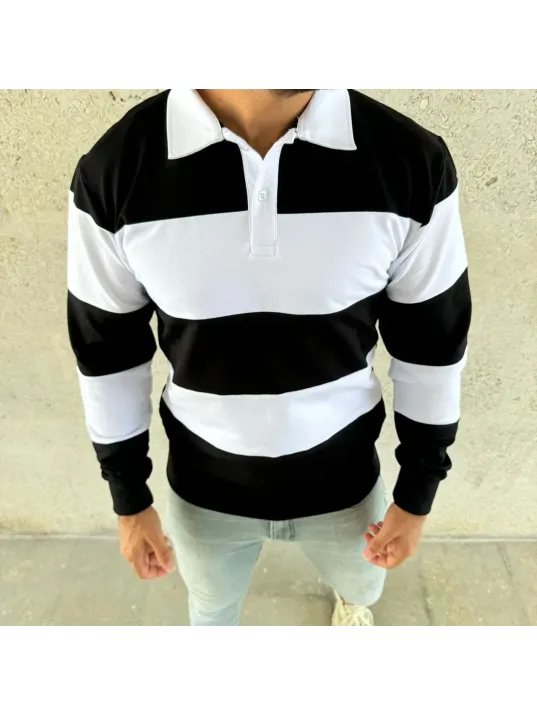Erkek Polo Yaka Uzun Kollu Çizgili Sweatshirt Trend Rugby Stil - Siyah Erkek Polo Yaka Uzun Kollu Çizgili Sweatshirt Trend Rugby Stil - Siyah
