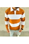 Erkek Polo Yaka Uzun Kollu Çizgili Sweatshirt Trend Rugby Stil - Turuncu