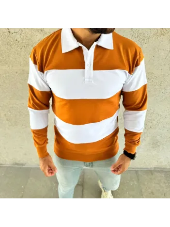 Erkek Polo Yaka Uzun Kollu Çizgili Sweatshirt Trend Rugby Stil - Turuncu Erkek Polo Yaka Uzun Kollu Çizgili Sweatshirt Trend Rugby Stil - Turuncu