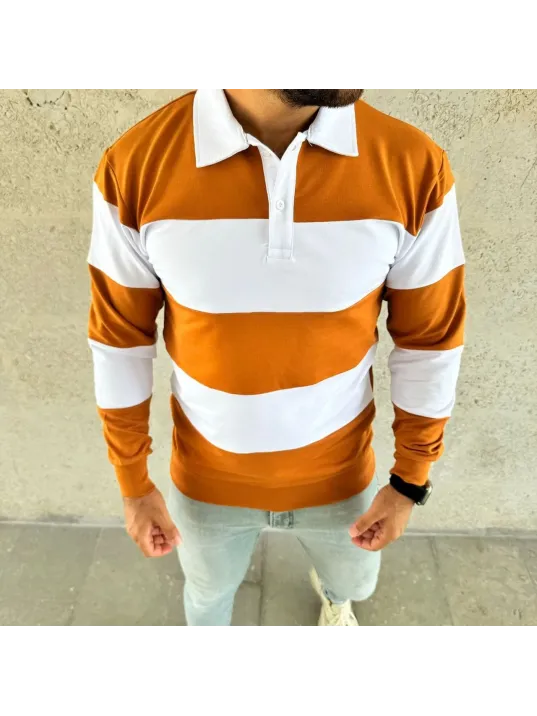 Erkek Polo Yaka Uzun Kollu Çizgili Sweatshirt Trend Rugby Stil - Turuncu Erkek Polo Yaka Uzun Kollu Çizgili Sweatshirt Trend Rugby Stil - Turuncu
