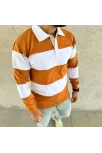 Erkek Polo Yaka Uzun Kollu Çizgili Sweatshirt Trend Rugby Stil - Turuncu