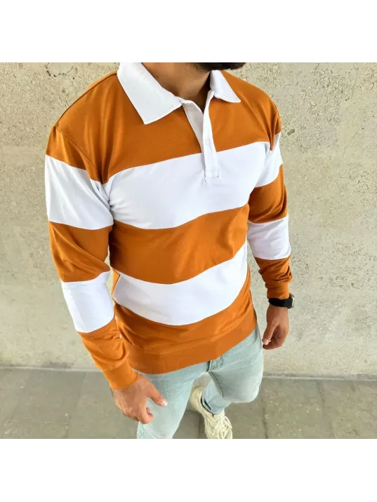 Erkek Polo Yaka Uzun Kollu Çizgili Sweatshirt Trend Rugby Stil - Turuncu Erkek Polo Yaka Uzun Kollu Çizgili Sweatshirt Trend Rugby Stil - Turuncu