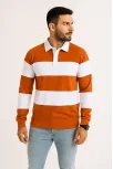 Erkek Polo Yaka Uzun Kollu Çizgili Sweatshirt Trend Rugby Stil - Turuncu