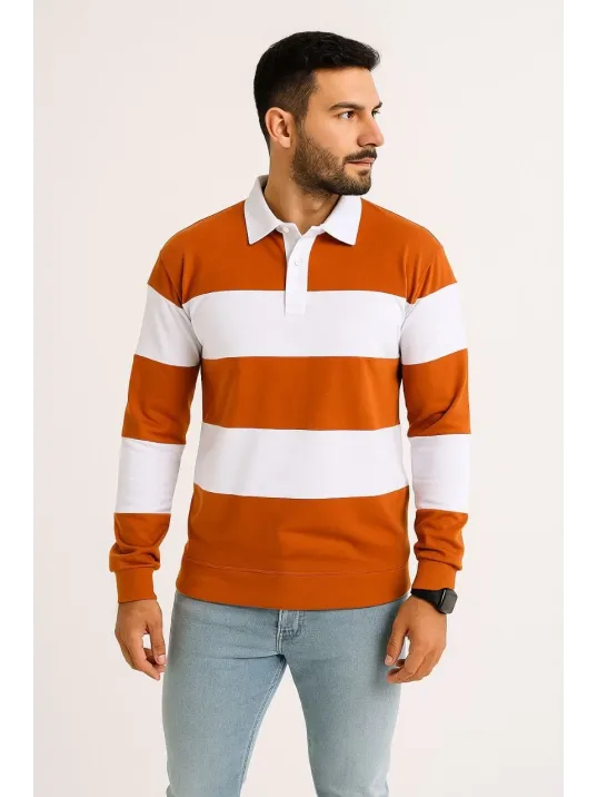Erkek Polo Yaka Uzun Kollu Çizgili Sweatshirt Trend Rugby Stil - Turuncu Erkek Polo Yaka Uzun Kollu Çizgili Sweatshirt Trend Rugby Stil - Turuncu