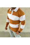 Erkek Polo Yaka Uzun Kollu Çizgili Sweatshirt Trend Rugby Stil - Turuncu