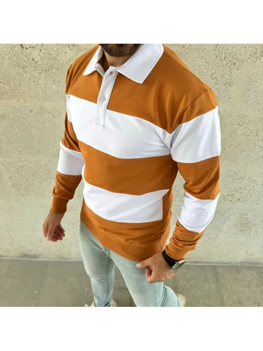 Erkek Polo Yaka Uzun Kollu Çizgili Sweatshirt Trend Rugby Stil - Turuncu Erkek Polo Yaka Uzun Kollu Çizgili Sweatshirt Trend Rugby Stil - Turuncu