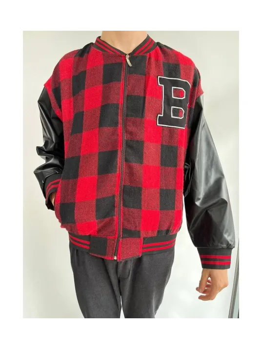 Erkek Pötikare Desen Nakışlı Kolej Ceket - Kırmızı