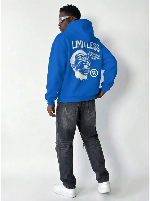 Erkek Premium Baskılı Kapşonlu Sweatshirt Üç İplik İçi Pamuklu Kanguru Cepli Double Oversize Rahat Kalıp Hoodie - Saks Mavi