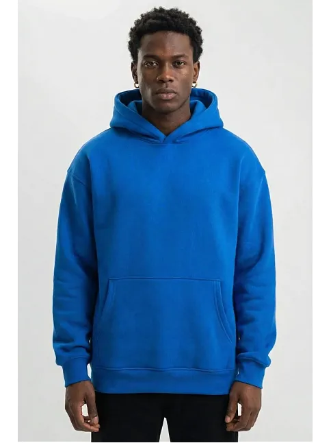 Erkek Premium Baskılı Kapşonlu Sweatshirt Üç İplik İçi Pamuklu Kanguru Cepli Double Oversize Rahat Kalıp Hoodie - Saks Mavi