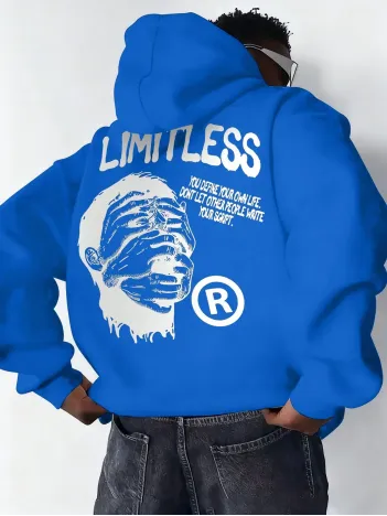 Erkek Premium Baskılı Kapşonlu Sweatshirt Üç İplik İçi Pamuklu Kanguru Cepli Double Oversize Rahat Kalıp Hoodie - Saks Mavi