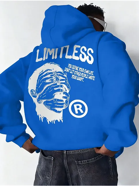 Erkek Premium Baskılı Kapşonlu Sweatshirt Üç İplik İçi Pamuklu Kanguru Cepli Double Oversize Rahat Kalıp Hoodie - Saks Mavi