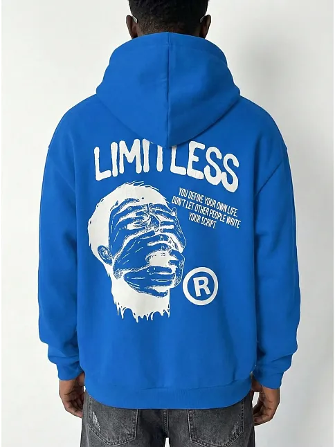 Erkek Premium Baskılı Kapşonlu Sweatshirt Üç İplik İçi Pamuklu Kanguru Cepli Double Oversize Rahat Kalıp Hoodie - Saks Mavi