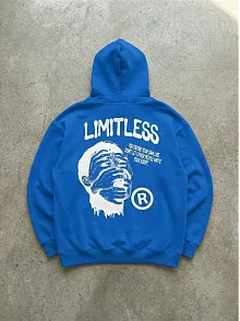 Erkek Premium Baskılı Kapşonlu Sweatshirt Üç İplik İçi Pamuklu Kanguru Cepli Double Oversize Rahat Kalıp Hoodie - Saks Mavi