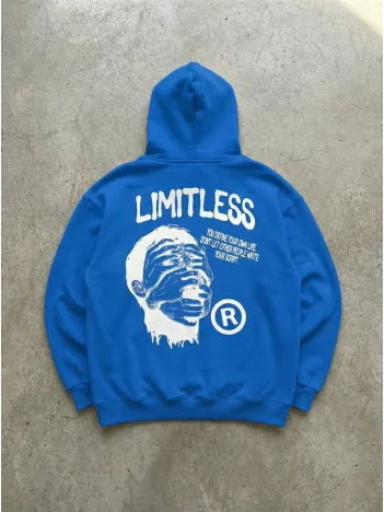 Erkek Premium Baskılı Kapşonlu Sweatshirt Üç İplik İçi Pamuklu Kanguru Cepli Double Oversize Rahat Kalıp Hoodie - Saks Mavi