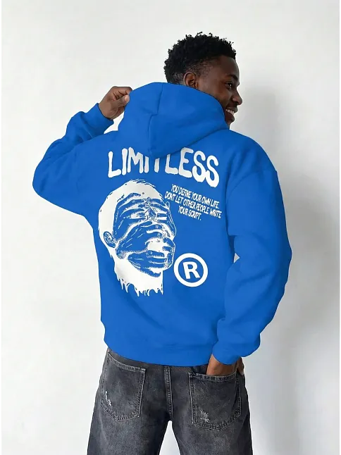 Erkek Premium Baskılı Kapşonlu Sweatshirt Üç İplik İçi Pamuklu Kanguru Cepli Double Oversize Rahat Kalıp Hoodie - Saks Mavi