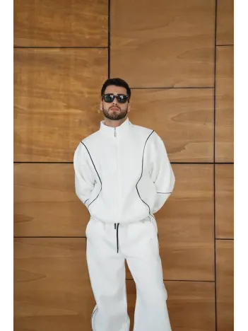 Erkek Premium Parçalı Eşofman Takım - Dik Yaka Fermuarlı Biyeli Sweatshirt Lastik Paça Alt, Oversize 3 iplik Şardonlu - Beyaz Erkek Premium Parçalı Eşofman Takım - Dik Yaka Fermuarlı Biyeli Sweatshirt Lastik Paça Alt, Oversize 3 iplik Şardonlu - Beyaz