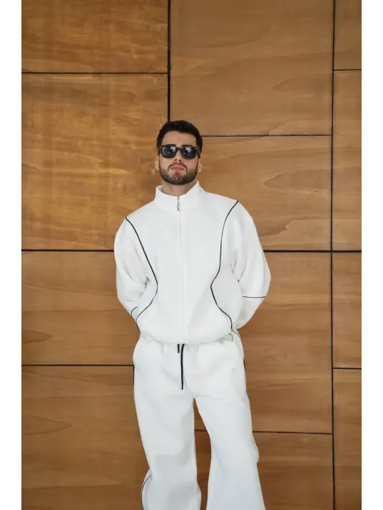 Erkek Premium Parçalı Eşofman Takım - Dik Yaka Fermuarlı Biyeli Sweatshirt Lastik Paça Alt, Oversize 3 iplik Şardonlu - Beyaz Erkek Premium Parçalı Eşofman Takım - Dik Yaka Fermuarlı Biyeli Sweatshirt Lastik Paça Alt, Oversize 3 iplik Şardonlu - Beyaz