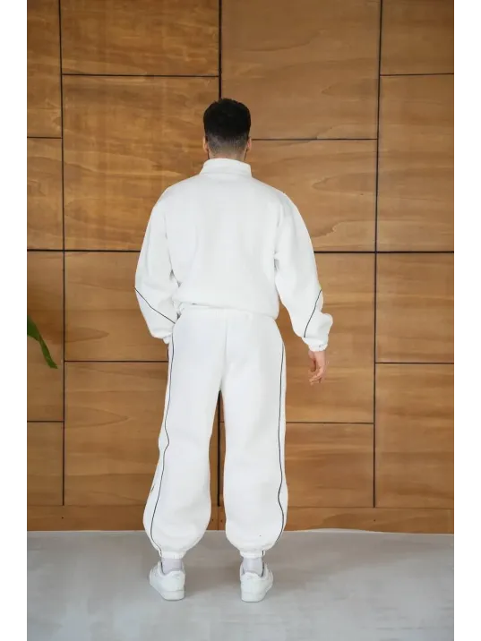 Erkek Premium Parçalı Eşofman Takım - Dik Yaka Fermuarlı Biyeli Sweatshirt Lastik Paça Alt, Oversize 3 iplik Şardonlu - Beyaz