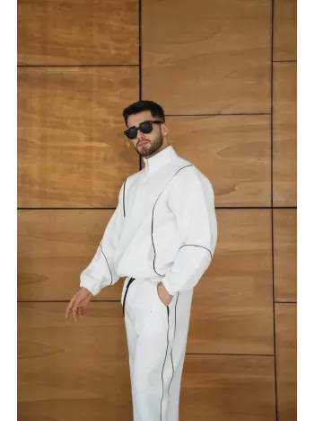 Erkek Premium Parçalı Eşofman Takım - Dik Yaka Fermuarlı Biyeli Sweatshirt Lastik Paça Alt, Oversize 3 iplik Şardonlu - Beyaz