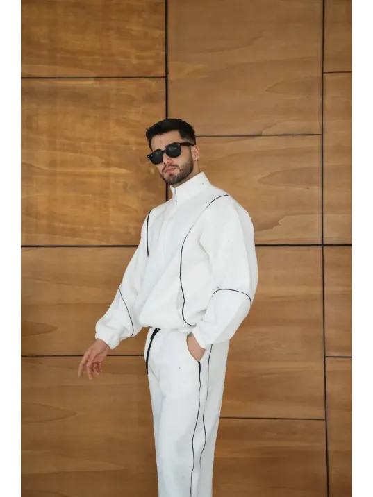 Erkek Premium Parçalı Eşofman Takım - Dik Yaka Fermuarlı Biyeli Sweatshirt Lastik Paça Alt, Oversize 3 iplik Şardonlu - Beyaz