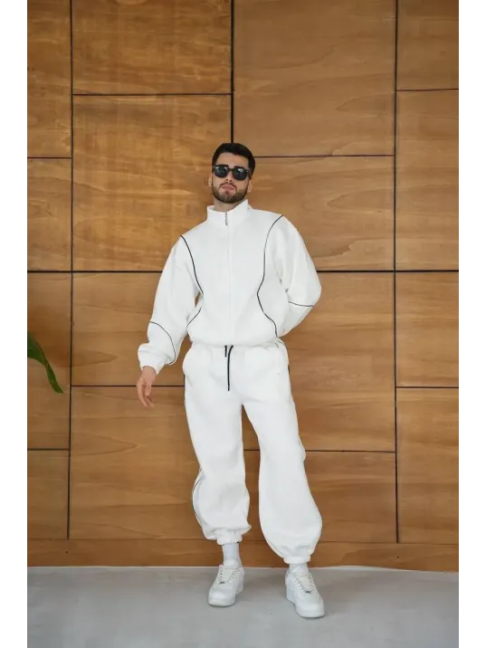 Erkek Premium Parçalı Eşofman Takım - Dik Yaka Fermuarlı Biyeli Sweatshirt Lastik Paça Alt, Oversize 3 iplik Şardonlu - Beyaz