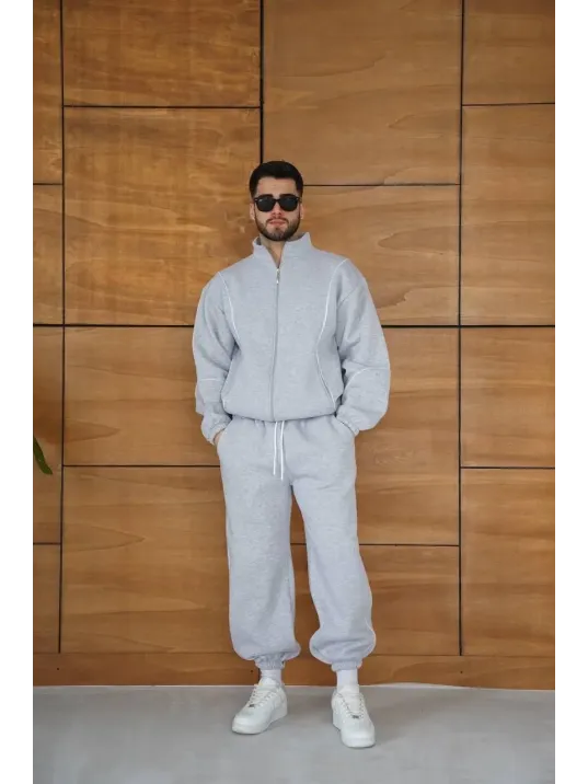 Erkek Premium Parçalı Eşofman Takım - Dik Yaka Fermuarlı Biyeli Sweatshirt Lastik Paça Alt, Oversize 3 iplik Şardonlu - Gri