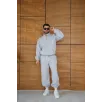 Erkek Premium Parçalı Eşofman Takım - Dik Yaka Fermuarlı Biyeli Sweatshirt Lastik Paça Alt, Oversize 3 iplik Şardonlu - Gri