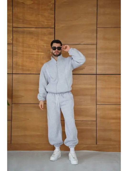 Erkek Premium Parçalı Eşofman Takım - Dik Yaka Fermuarlı Biyeli Sweatshirt Lastik Paça Alt, Oversize 3 iplik Şardonlu - Gri