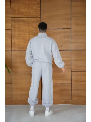 Erkek Premium Parçalı Eşofman Takım - Dik Yaka Fermuarlı Biyeli Sweatshirt Lastik Paça Alt, Oversize 3 iplik Şardonlu - Gri