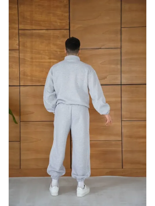 Erkek Premium Parçalı Eşofman Takım - Dik Yaka Fermuarlı Biyeli Sweatshirt Lastik Paça Alt, Oversize 3 iplik Şardonlu - Gri