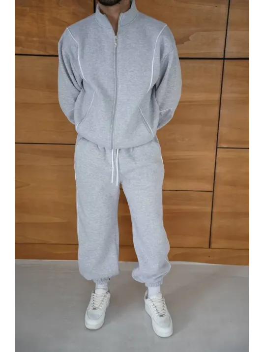 Erkek Premium Parçalı Eşofman Takım - Dik Yaka Fermuarlı Biyeli Sweatshirt Lastik Paça Alt, Oversize 3 iplik Şardonlu - Gri