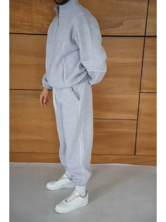 Erkek Premium Parçalı Eşofman Takım - Dik Yaka Fermuarlı Biyeli Sweatshirt Lastik Paça Alt, Oversize 3 iplik Şardonlu - Gri