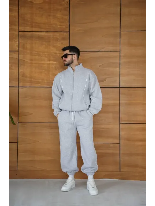 Erkek Premium Parçalı Eşofman Takım - Dik Yaka Fermuarlı Biyeli Sweatshirt Lastik Paça Alt, Oversize 3 iplik Şardonlu - Gri Erkek Premium Parçalı Eşofman Takım - Dik Yaka Fermuarlı Biyeli Sweatshirt Lastik Paça Alt, Oversize 3 iplik Şardonlu - Gri