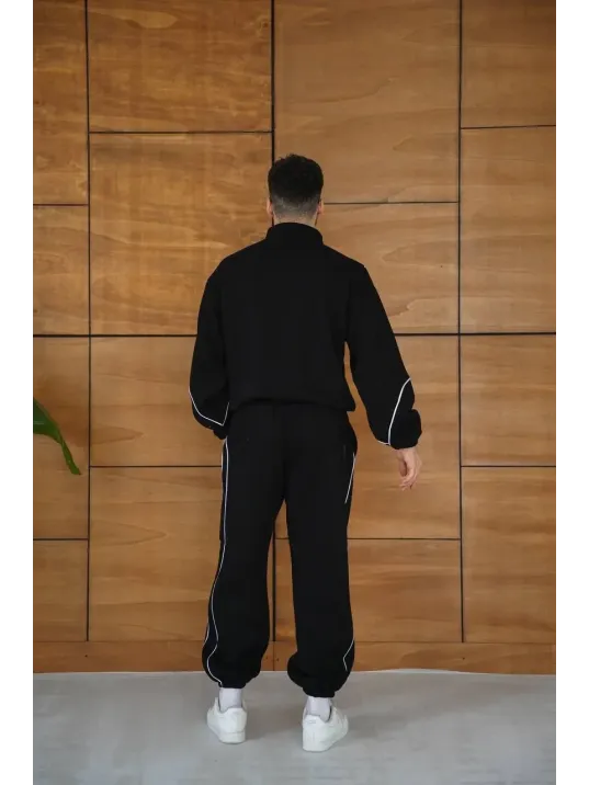Erkek Premium Parçalı Eşofman Takım - Dik Yaka Fermuarlı Biyeli Sweatshirt Lastik Paça Alt, Oversize 3 iplik Şardonlu - Siyah