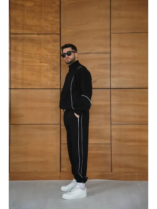 Erkek Premium Parçalı Eşofman Takım - Dik Yaka Fermuarlı Biyeli Sweatshirt Lastik Paça Alt, Oversize 3 iplik Şardonlu - Siyah